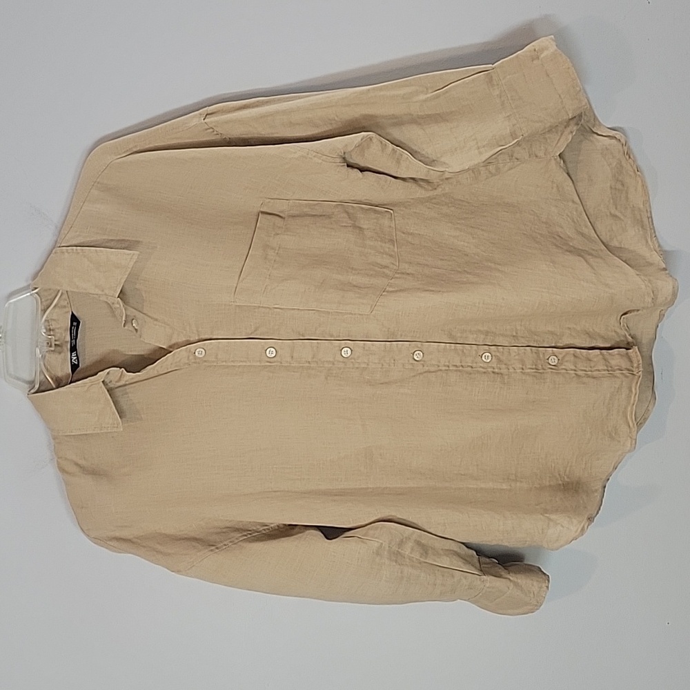 ZARA 8372/034 LINEN Beige pocket button up shirt women's
